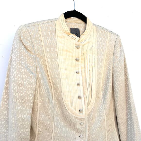 Vintage Calvin Klein Cream Tuxedo Front Pleated Blouse Jacket Mandarin Small - Picture 6 of 10